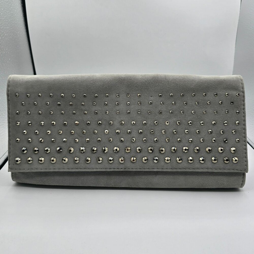 J.Renee Grey Suede Clutch with Crystal Front & Chain Strap NWT